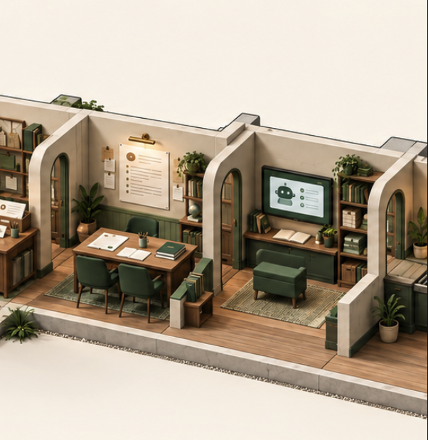 A miniature office divided into connected rooms for planning, learning, and completing an AI employee build.